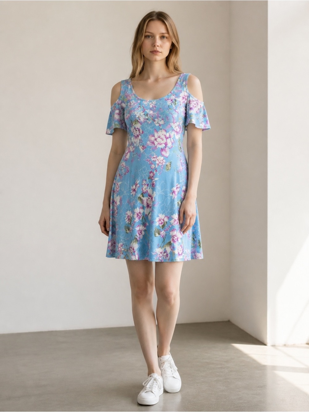 Blue Floral Cold-Shoulder A-Line Dress